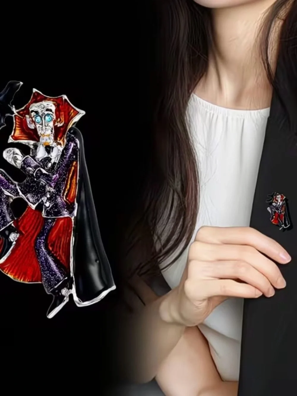 Spooky Dracula Vampire Halloween Brooch Pin Enamel Rhinestone Glitter Bat